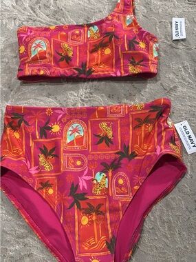 Old Navy Pink and Orange Tropical Print One-Shoulder Bikini